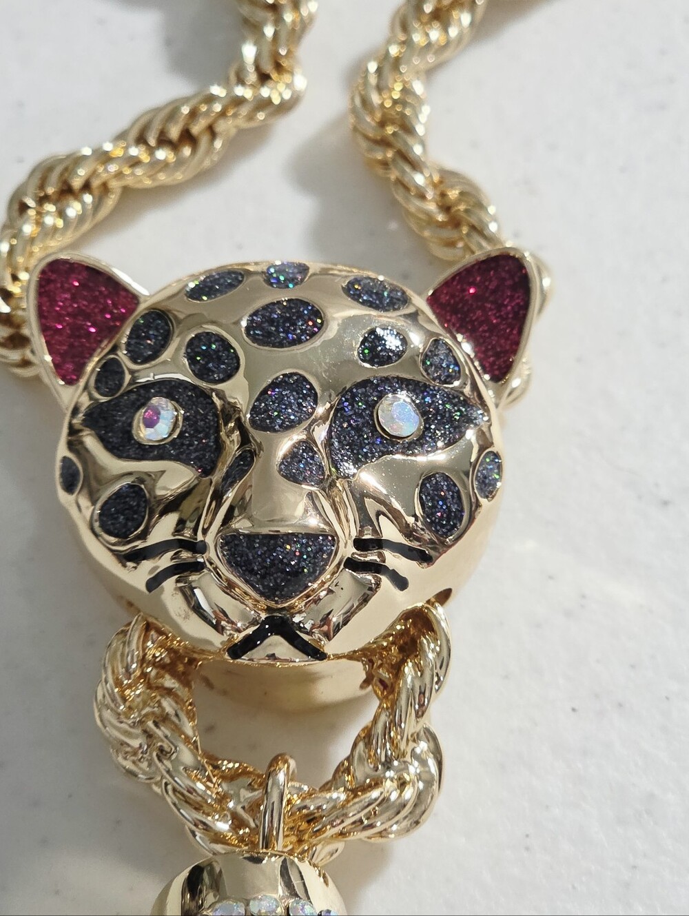 NWT Betsey Johnson Leopard Necklace Dark Pink/red Ears.